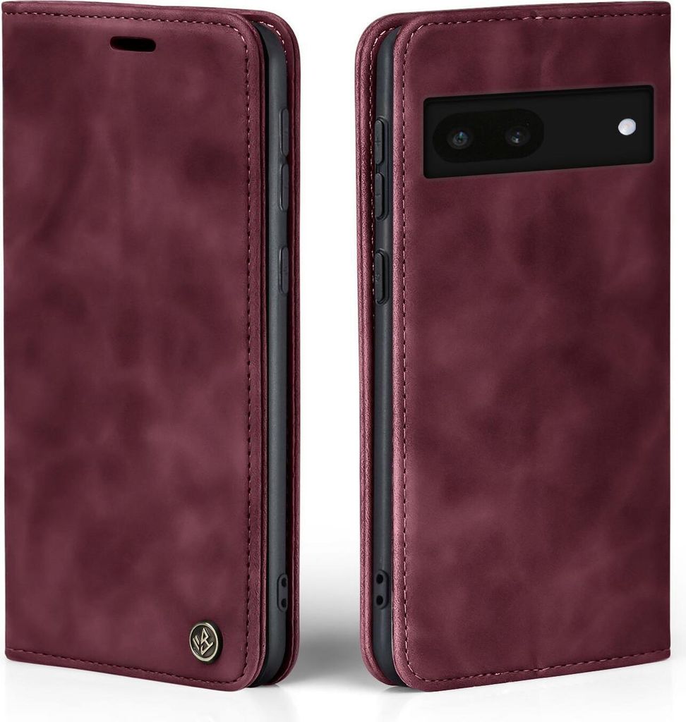 A burgundy flip-style phone case for a Google Pixel 6a is shown from two angles.
