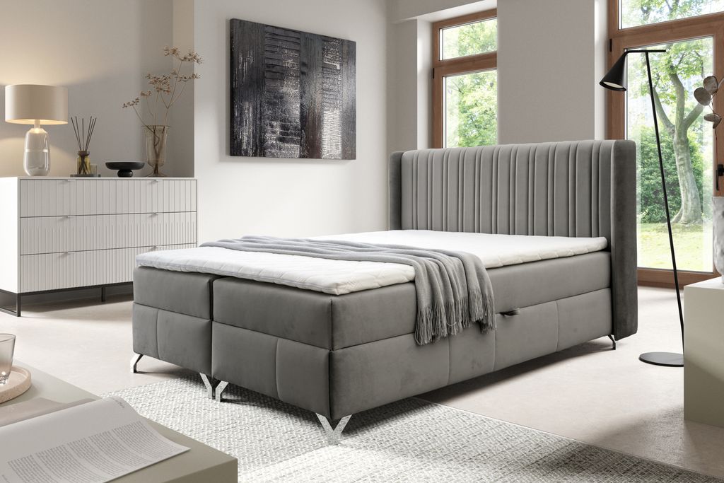 Boxspringbett MADDIE mit 180x200 cm, Grau, Bettkasten Bett mit Topper und Bonellmatratze Polsterbett Familienbett Schlafzimmer Bett mit Stauraum (G...