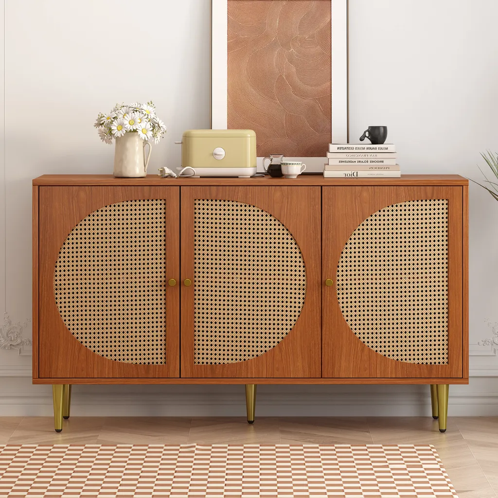 Commode Gain de Place avec Rangement Modulable, Sideboard Rotin 130 cm
