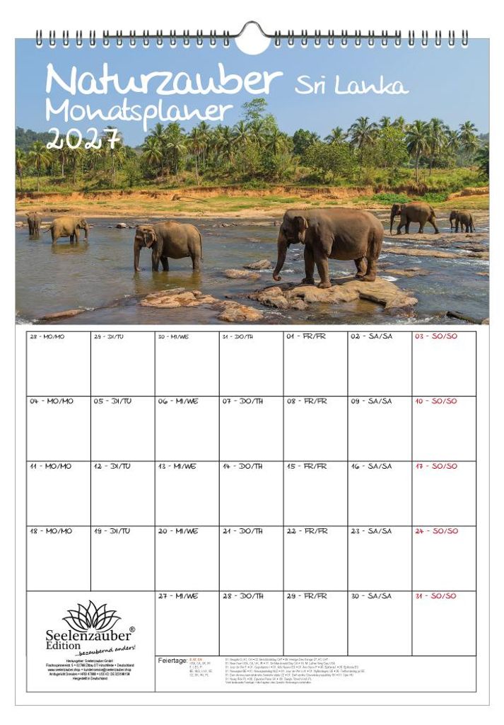 Naturzauber Sri Lanka Planer DIN A3 Kalender für 2027 Landschaft Natur Strand Land Urlaub - Set-Inhalt: 1x Kalender, 1x Weihnachtsanhänger (insge...