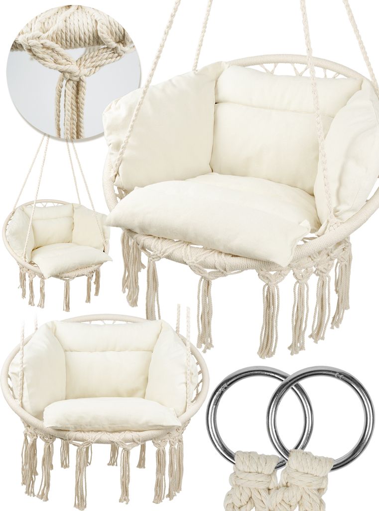 A collage of hanging chairs and their components.