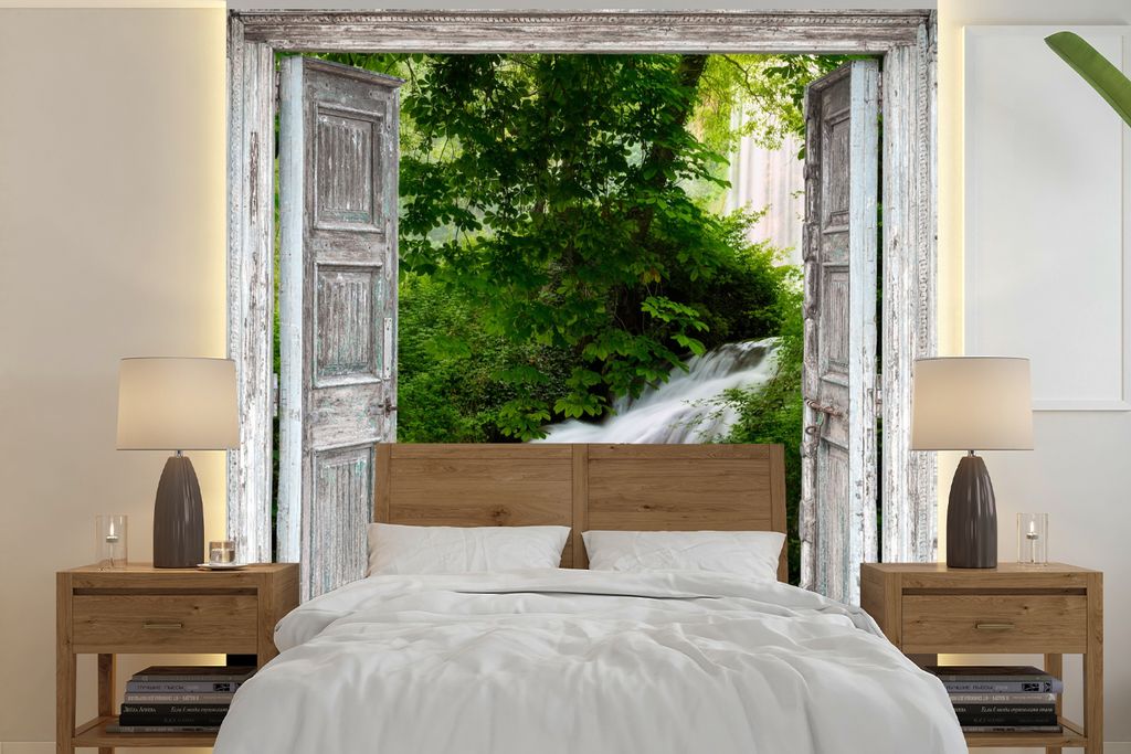 MuchoWow Fototapete für Wohnzimmer oder Schlafzimmer Wandtapete Vinyl Motivtapete Wasserfall - Aussicht - Landschaft - 300x300 cm - Wanddekoration