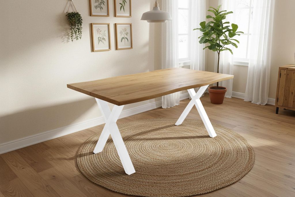 Esstisch 120x80 cm Baumkante Holz Wildeiche-Optik X-Gestell Metall weiß DUA