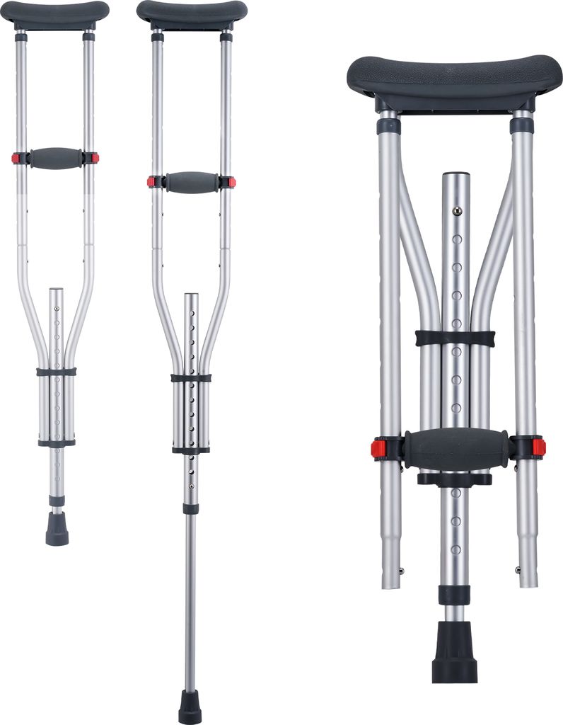Three views of a pair of aluminum forearm crutches against a white background.