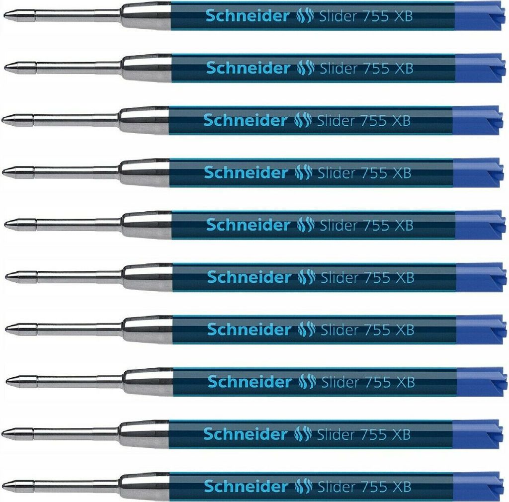A stack of ten blue ink pen refills, each labeled with the brand and model name.