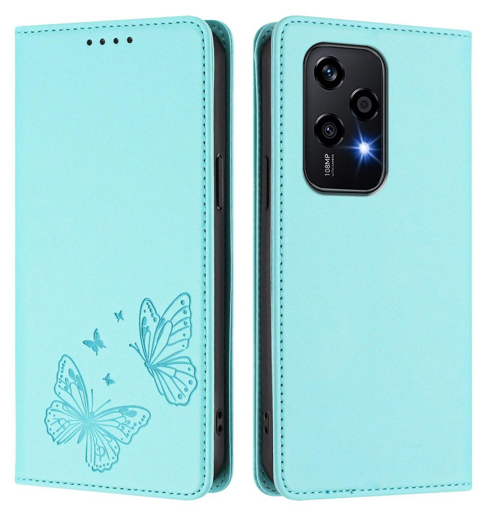 Lederhülle für Honor 200 Lite, Schmetterling Prägung Leder Brieftasche Schutzhülle mit Ständer Türkis