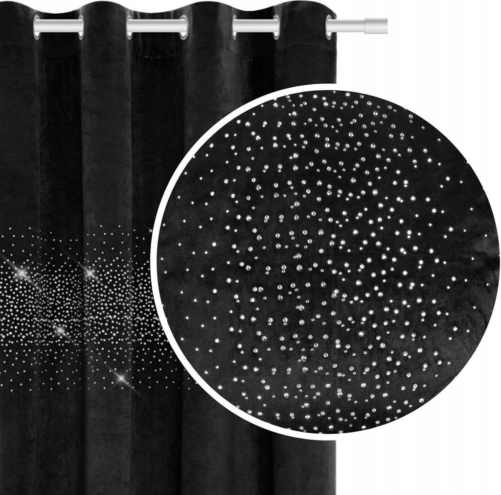 A close-up view of a black velvet curtain with scattered silver crystals, showing the texture and sparkle.