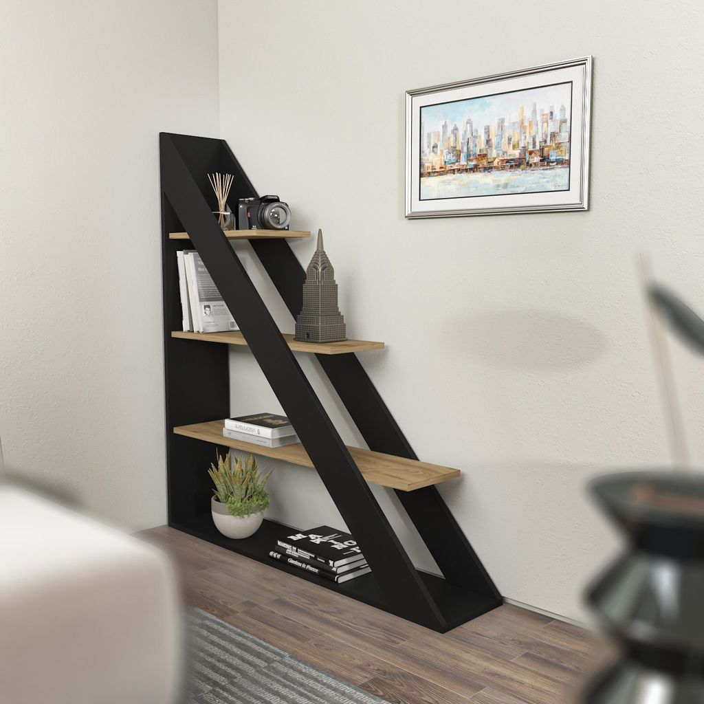 Skye Decor, Pisagor - Black, Oak, Bücherregal, Schwarz, 100 % MELAMINBESCHICHTETE SPANPLATTEN, 120 x 25 x 131,8 cm