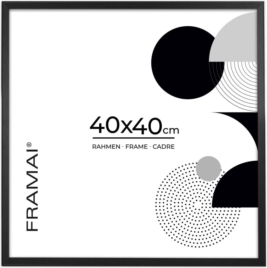 A product image of a black picture frame with abstract geometric shapes and text indicating its size.