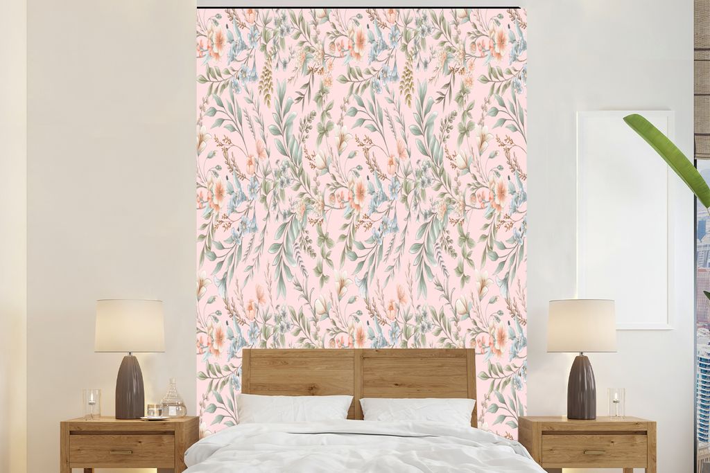 MuchoWow Fototapete für Wohnzimmer oder Schlafzimmer Wandtapete Vinyl Motivtapete Blumen - Pastell - Collage - 225x350 cm - Schlafzimmer tapete