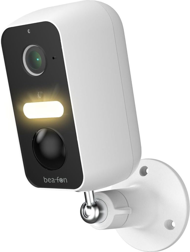 A white security camera mounted on a white bracket, shown against a white background.