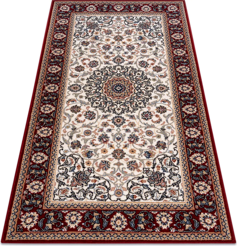 Tapis de Salon Classique en Laine Beige et Rouge Bordeaux 80x150 cm