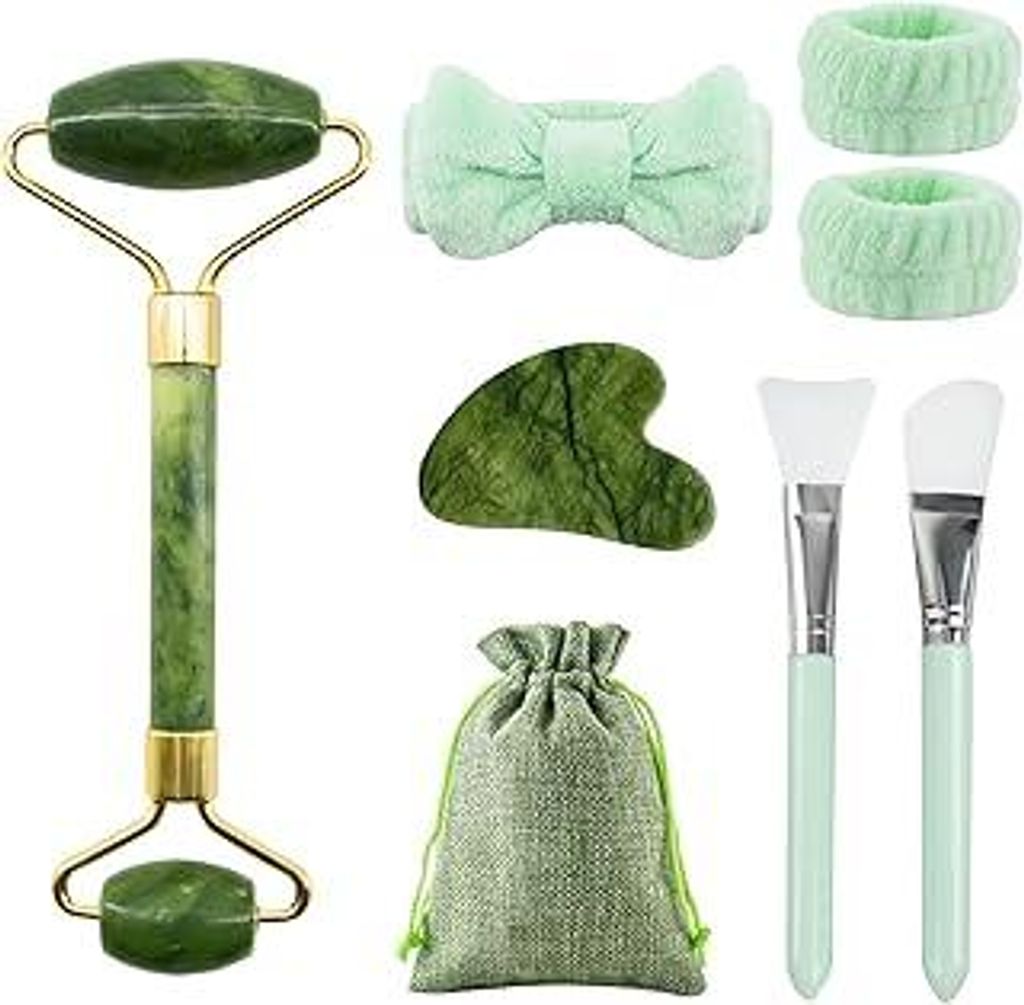Yuaerbuo 8 Stück Gua Sha Stein and Face Jade Roller Set, Gesichtsmassage Stein Set Natürlicher Jade Roller Gesicht Hochwertig Face Rollers Massag...