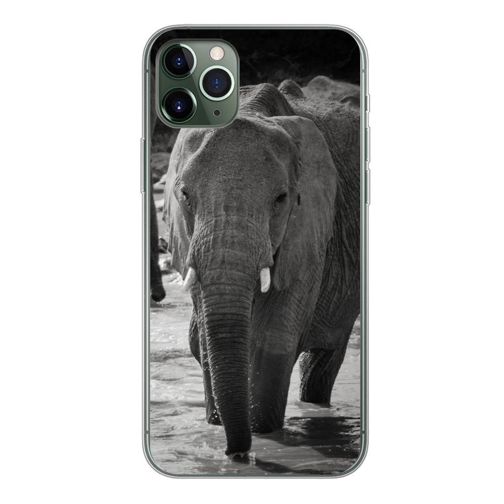 MuchoWow Handyhülle Schutzhülle Hülle für iPhone 11 Pro Max Elefant - Tiere - Wasser - Schwarz und weiß Silikon Softcase Handy Hülle - Schutz