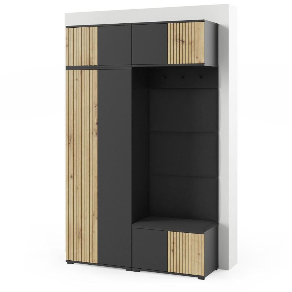 Garderoben-Set Rosario Version 3 mit Lamellen, Kleiderschrank mit Polsterplatten und Schuhschrank (Schwarz / Eiche Artisan, Trinity 16)