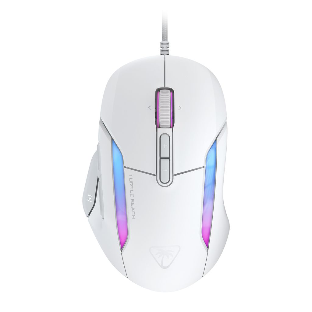 A white gaming mouse with RGB lighting.
