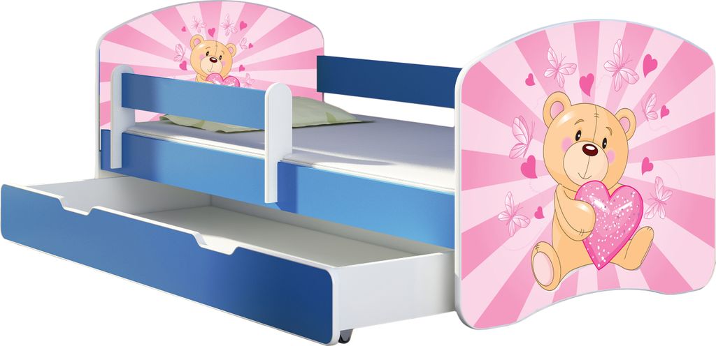 ACMA Jugendbett Kinderbett Junior-Bett Komplett-Set mit Matratze Lattenrost und Rausfallschutz Blau 10 Teddybär 180x80 + Bettkasten