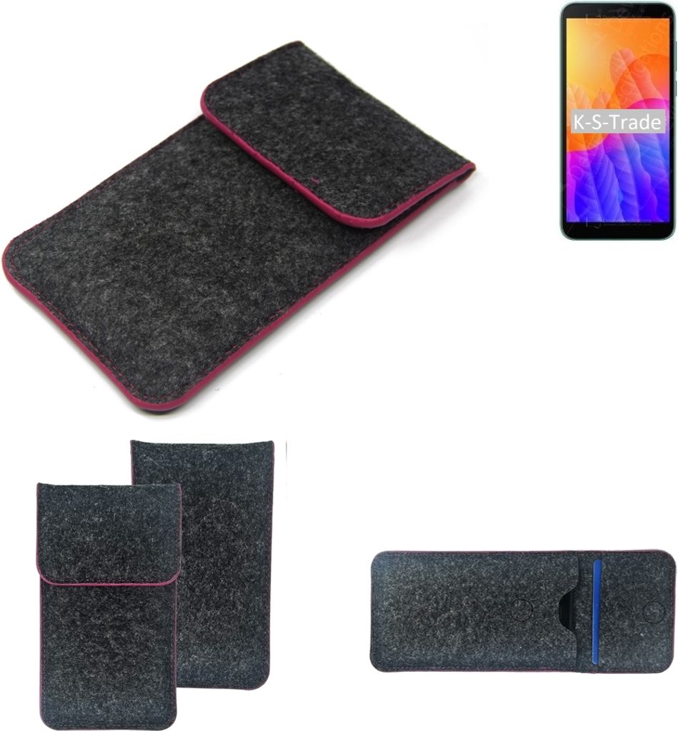 K-S-Trade Handy Schutz Hülle kompatibel mit Huawei Y5p Schutzhülle Handyhülle Filztasche Pouch Tasche Case Sleeve Filzhülle dunkelgrau rosa Rand