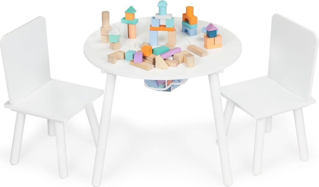 Kindertisch und 2 Stühle mit Kiefernholzbeinen, weiß