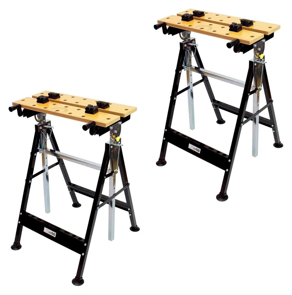 Klappbare Werkbank im 2er-Set, 7-fach höhenverstellbar, Werktisch und Spanntisch mit großer Arbeitsfläche bis 100 kg, Höhe bis 114 cm