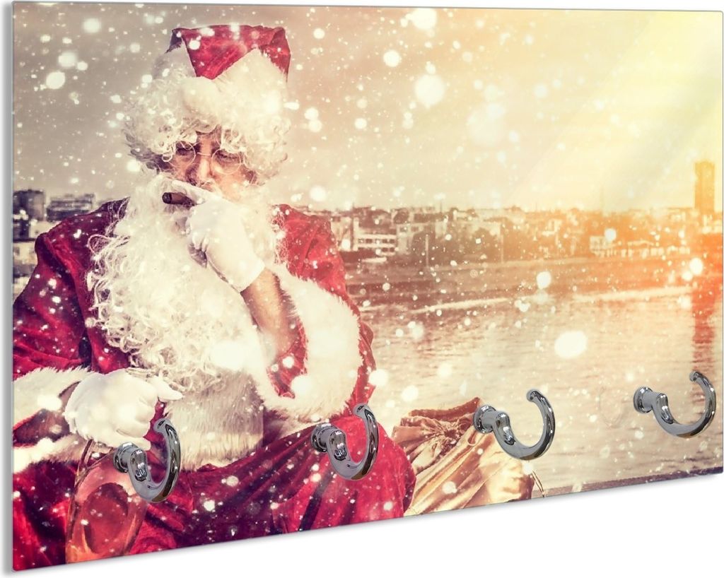 Wallario Handtuchhalter aus Glas, Motiv: Christmas-Party - Weihnachtsmann mit Schnaps und Zigarre, 30 x 20 cm mit 4 Haken