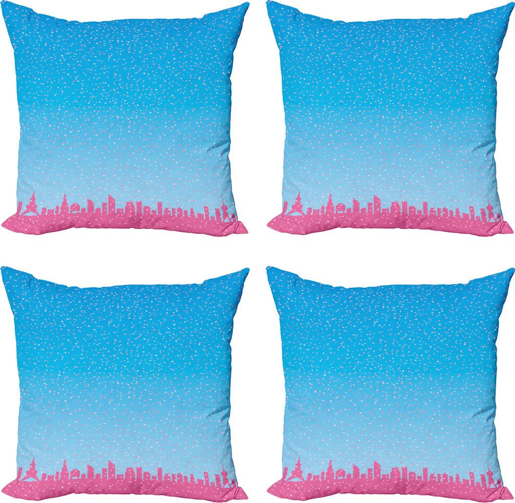 ABAKUHAUS Blau und Pink Kissenbezug Set (4 Stück), Blütenblätter auf Skyline, Moderner Doppelseitiger Digitaldruck, 60 cm x 60 cm, Himmelblau un...