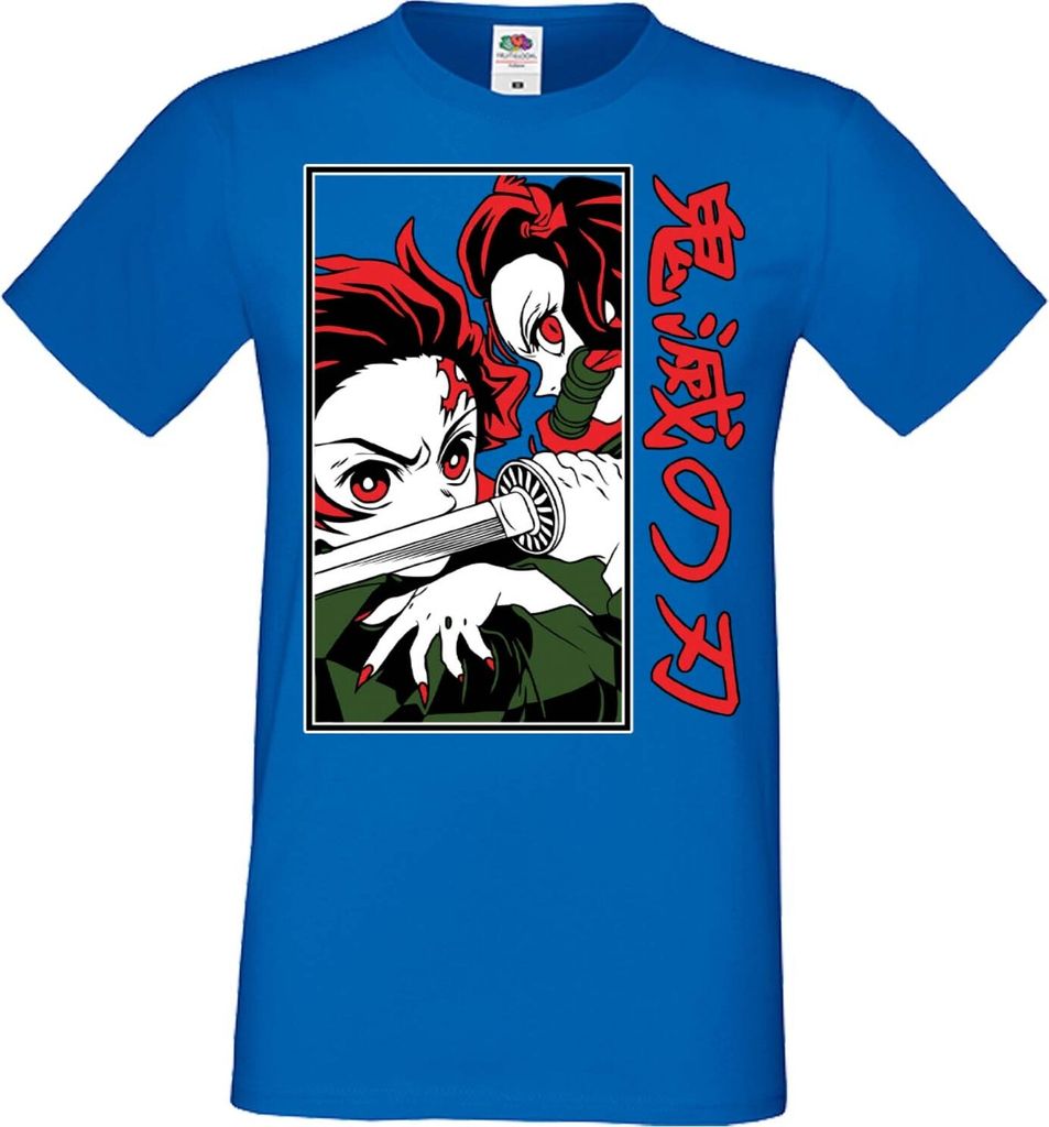 Herren T-Shirt Manga Anime Demon Anime Slayer Tanjiro Nezuko Fighting Fighting, Man L / Blau