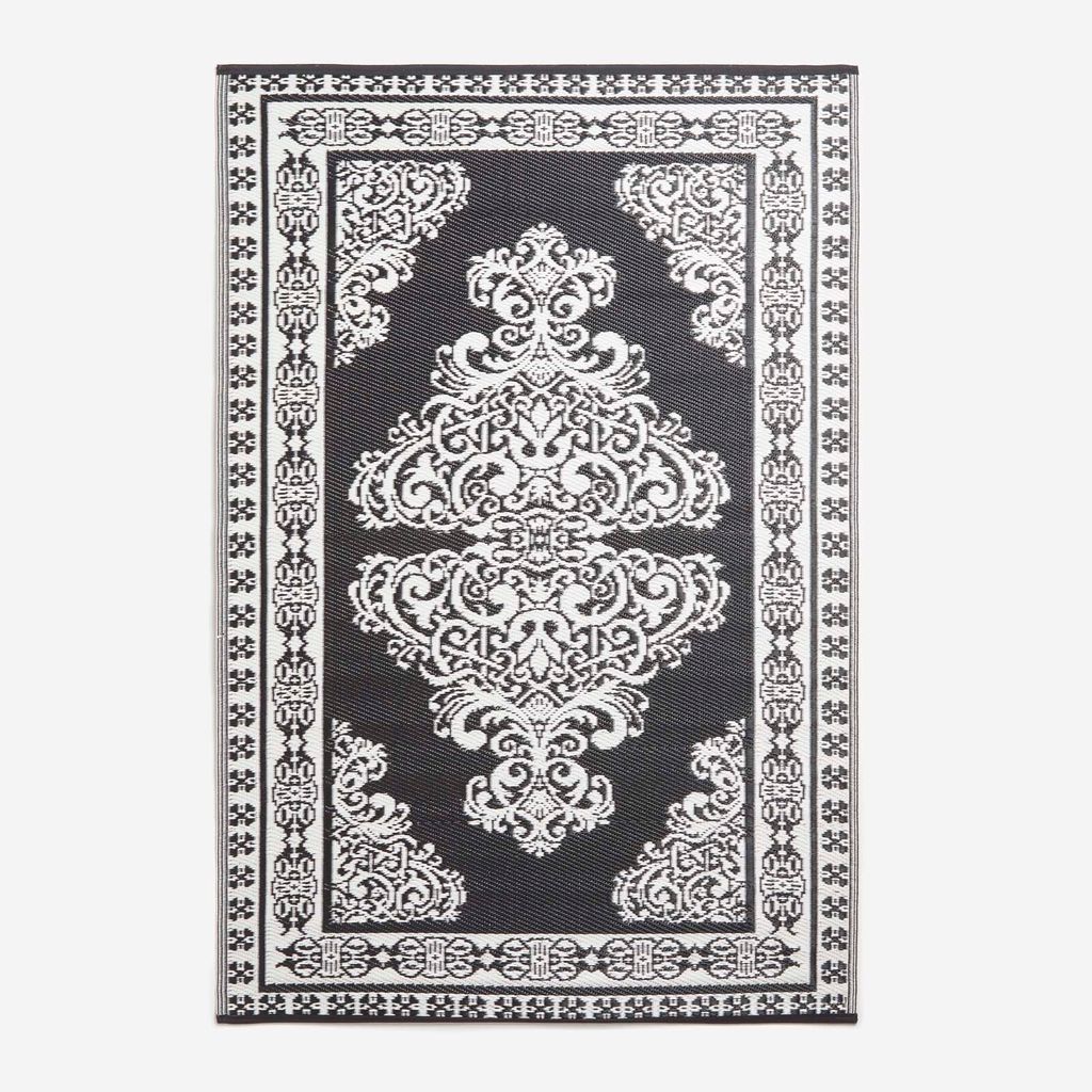 HOMESCAPES Outdoor Teppich wetterfest schwarz-weiß 120x186 cm, Balkonteppich mit orientalischem Muster, Gartenteppich wendbar
