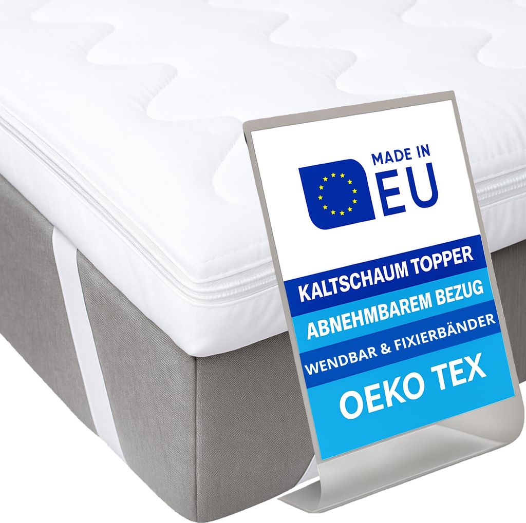 Pillows24 - Topper 180x200cm aus Kaltschaum - 6cm hoch - Matratzentopper mit abnehmbarem Bezug | Wendbar & Fixierbänder | EU