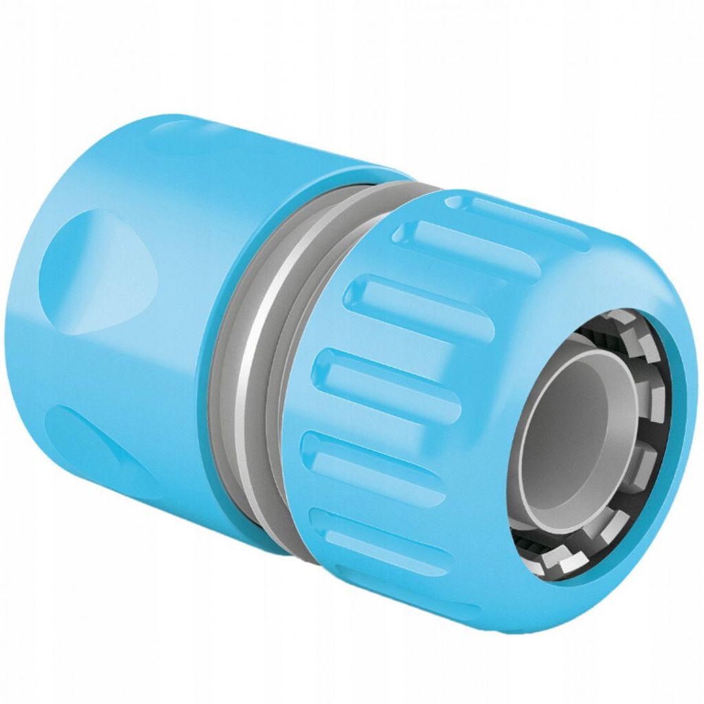 A close-up studio shot of a blue hose connector against a white background.