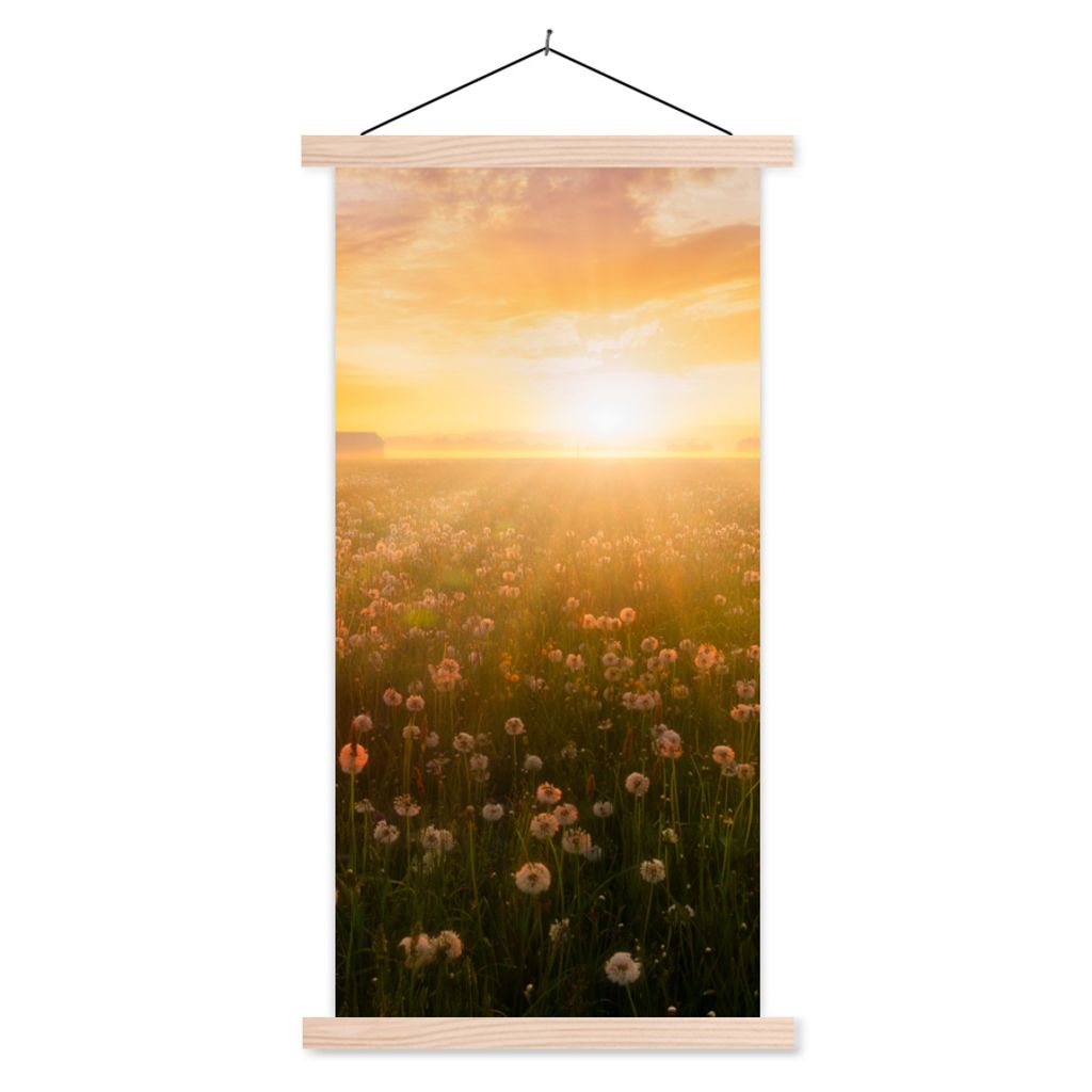 MuchoWow Textilposter Sonnenuntergang - Blumen - Farben 40x80 cm mit holzfarbenen Rahmen - Wohnzimmer