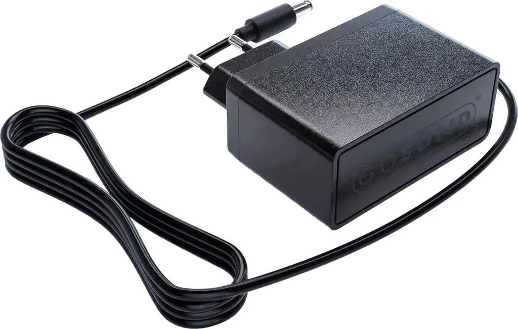 A black power adapter with a cord and plug.