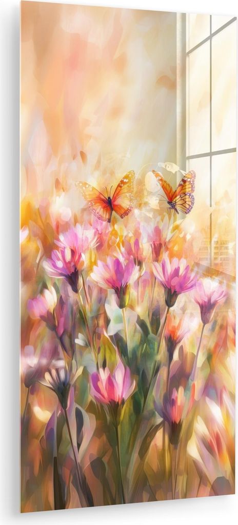 MuchoWow Glasbilder - Bilder auf Wandbild - Foto auf Glas Schmetterlinge - Orange - Blumen 60x120 cm Wanddekoration aus Glas - Acrylglasbild - Acry...