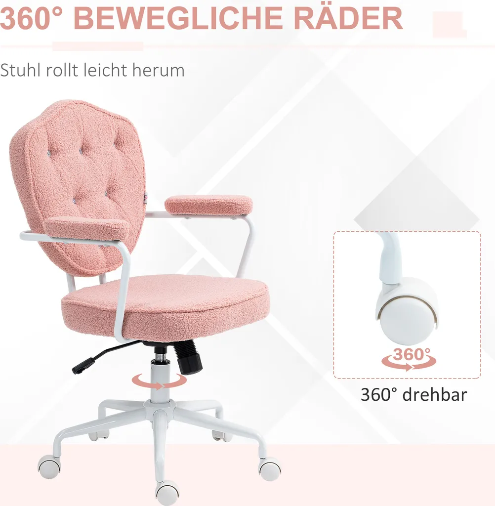Sedia da ufficio HOMCOM, sedia da scrivania ergonomica con funzione dondolo, rivestimento con bottoni, sedia per computer regolabile in altezza con funzione girevole, per l'ufficio di casa, orsetto in pile, rosa - 6