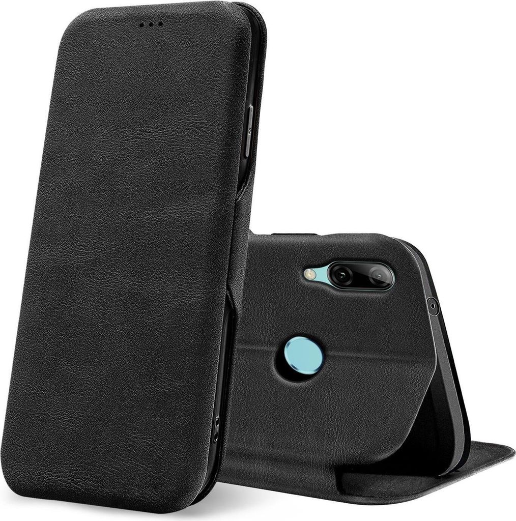 Conie Retro Klapp Tasche für Huawei P Smart 2019 Kartenfach Hülle Rundumschutz in Schwarz