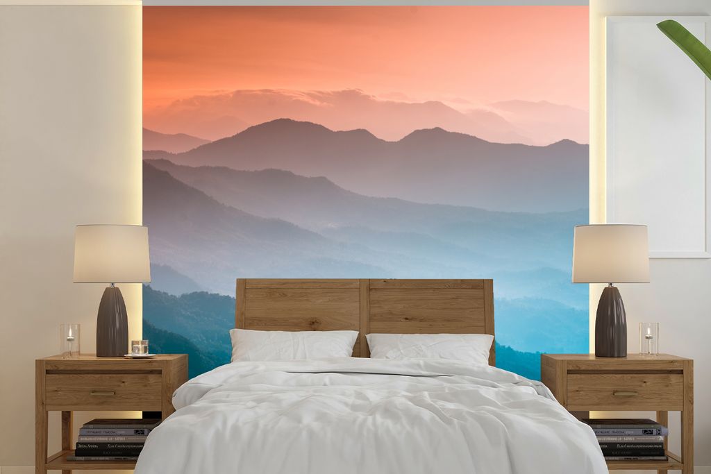 MuchoWow Fototapete für Wohnzimmer oder Schlafzimmer Wandtapete Vinyl Motivtapete Berge - Sonne - Orange - Natur - 220x220 cm - Tapeten