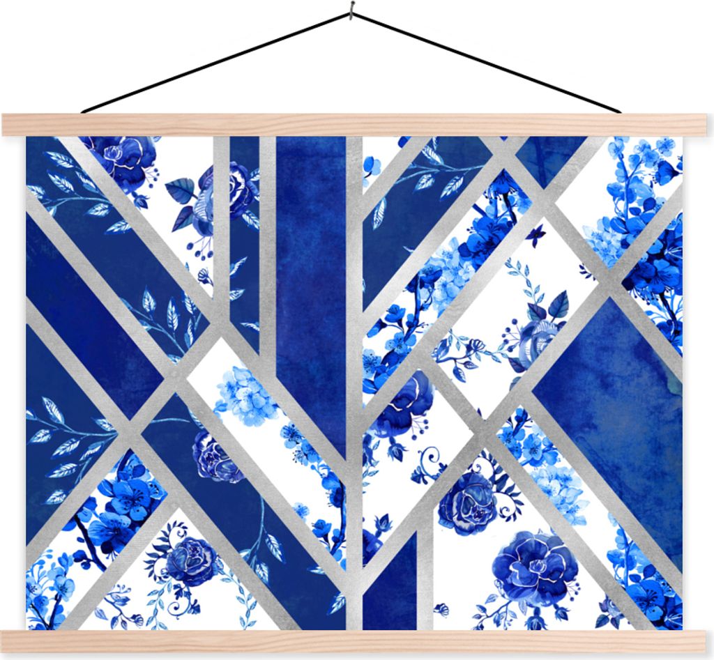 MuchoWow Textilposter Delfter Blau - Design - Abstrakt 120x90 cm mit holzfarbenen Rahmen - Magnetisch