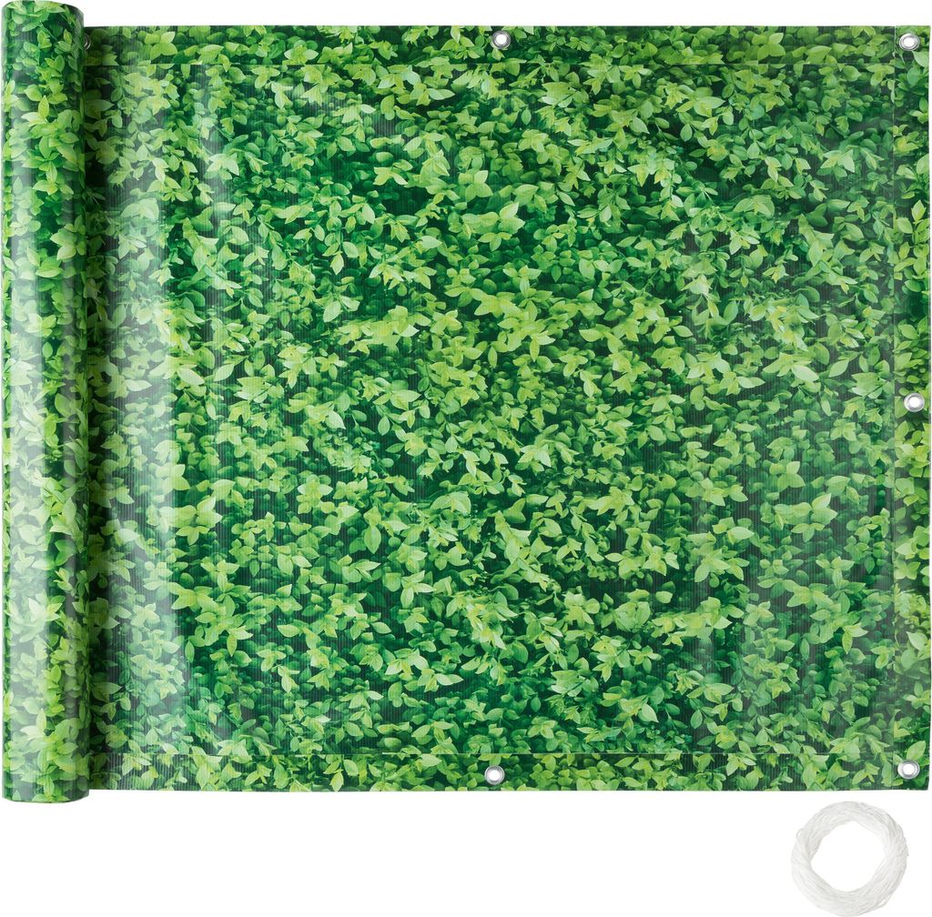 A rolled-up green privacy screen with a leaf pattern, shown on a white background.