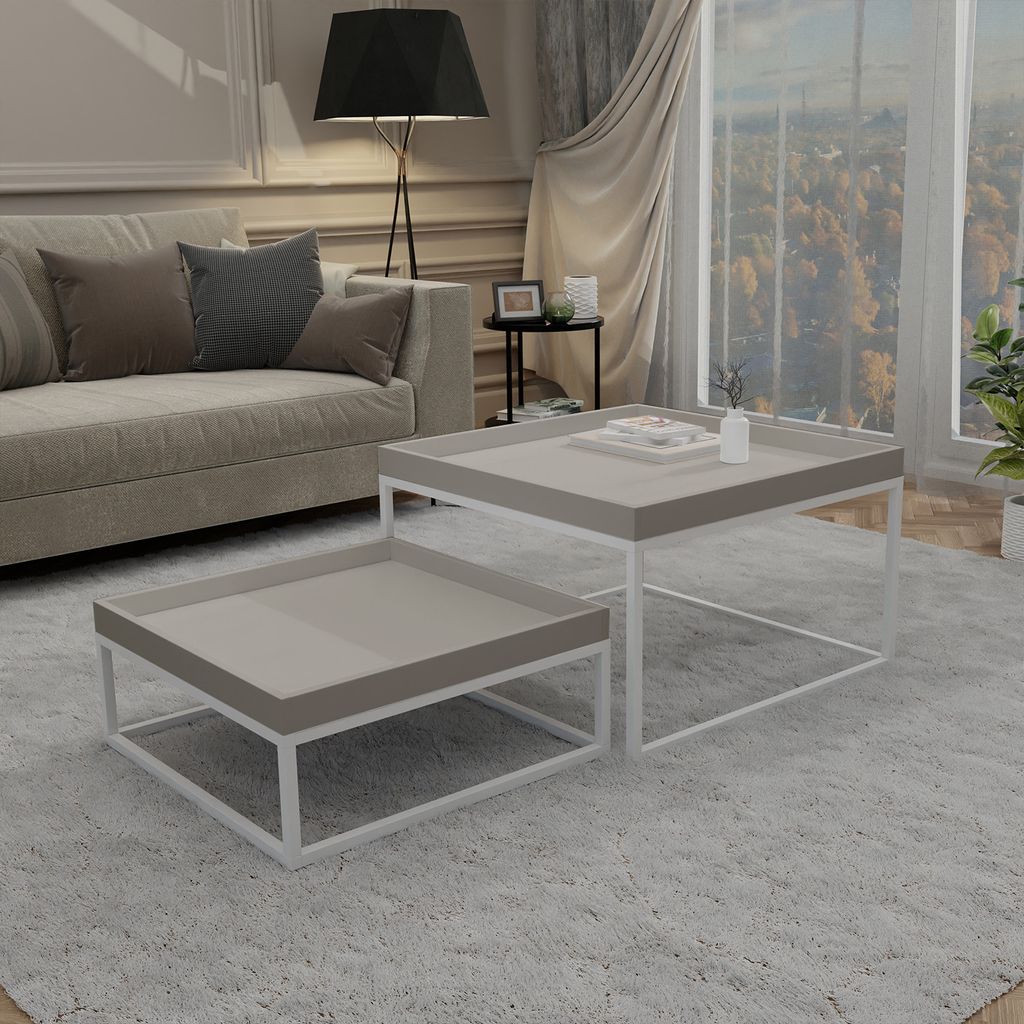 Moderner Couchtisch LABO 2in1 Tisch 2er Set Wohnzimmertisch Metallrahmen Stapelbar Weiß / Kaschmir
