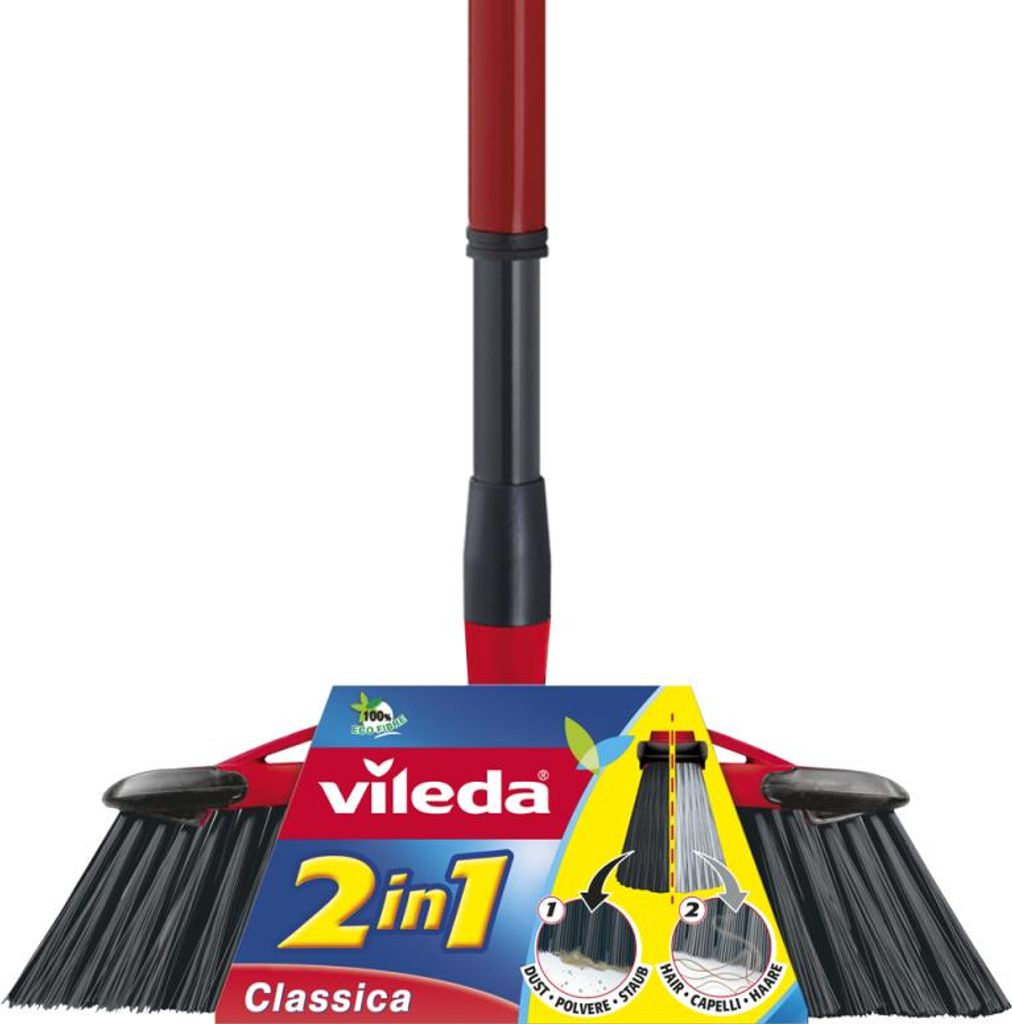 A Vileda 2-in-1 Classica broom is shown against a white background. The broom has black bristles and a red and gray handle. Packaging with product information is visible in the foreground.