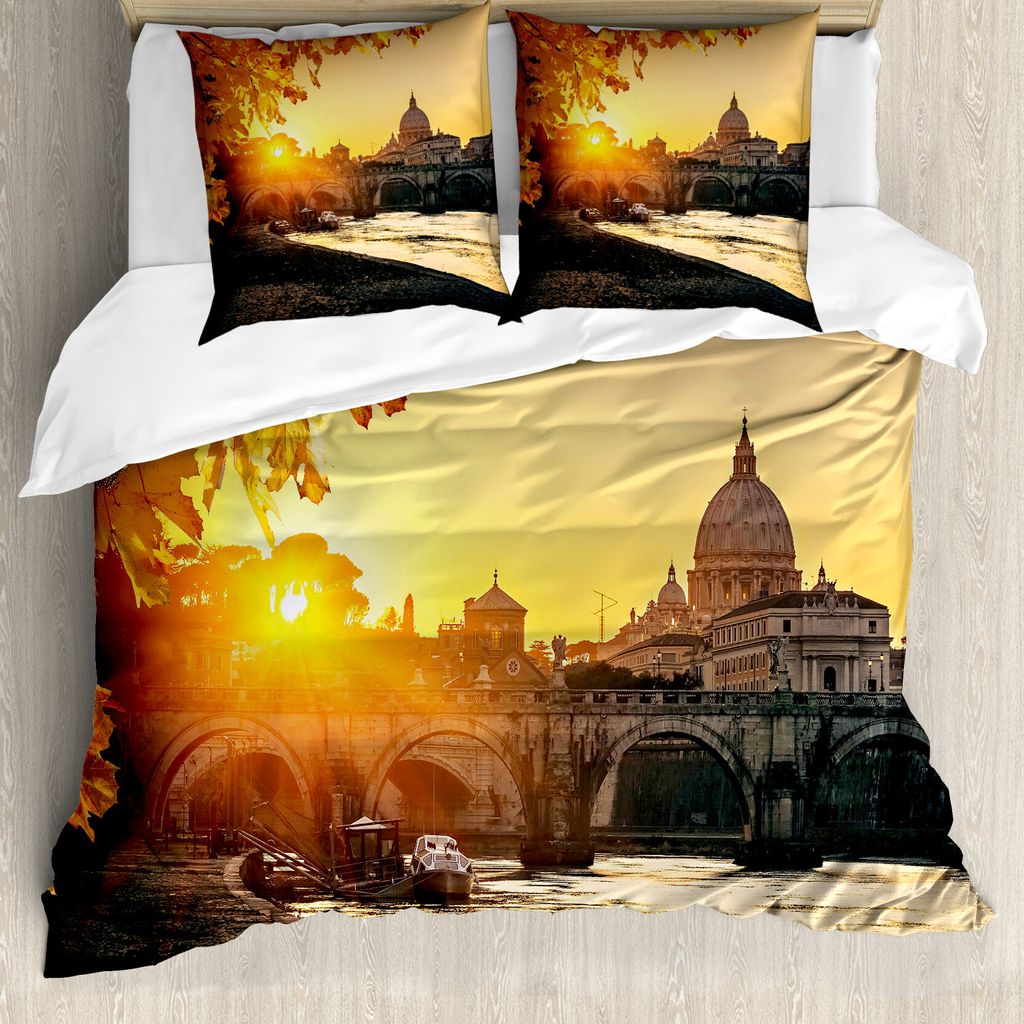 ABAKUHAUS Fallen Bettbezug, Sunset Tiber Rom, Milbensicher Allergiker geeignet mit Kissenbezügen, 155 cm x 220 cm - 80 x 80 cm, Marigold Gelb Schwarz