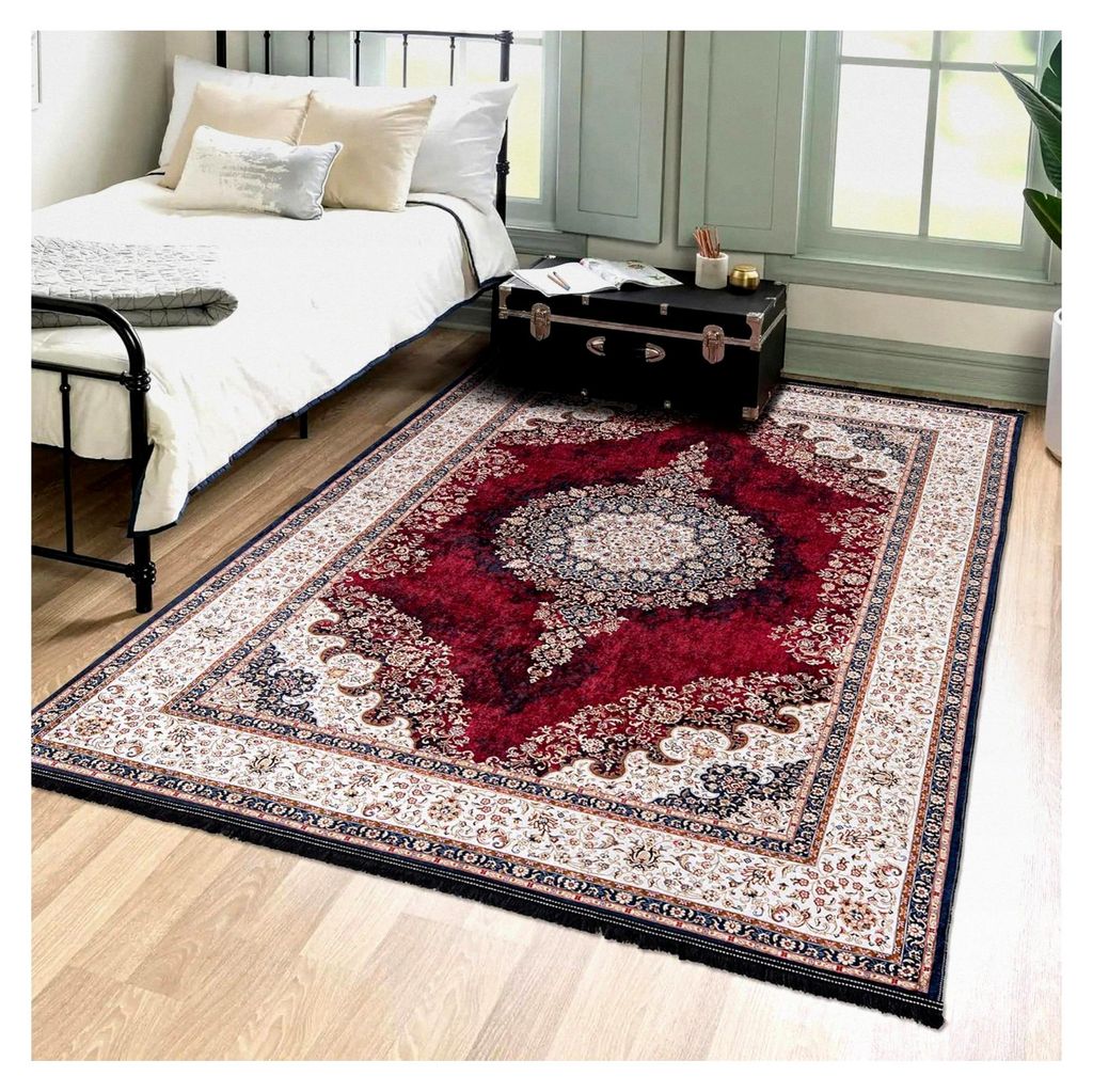 Orientalischer Vintage Teppich - Kurzflor Waschbar - Weicher traditioneller Teppich für Wohnzimmer, Schlafzimmer, Esszimmer – Rot 160 x 230 cm