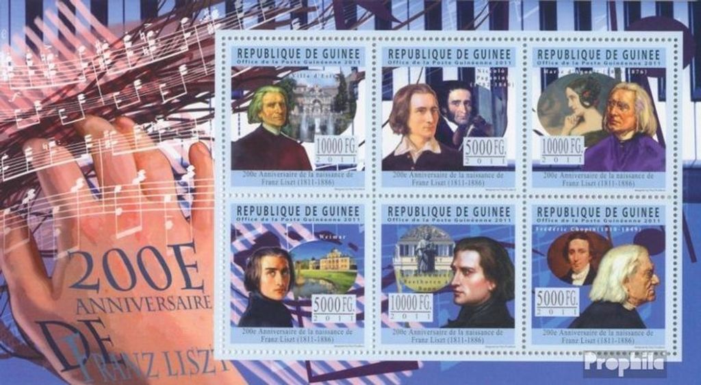 Briefmarken Guinea 2011 Mi 8353-8358 Kleinbogen (kompl. Ausgabe) postfrisch 200. Geburtstag von Franz Liszt)