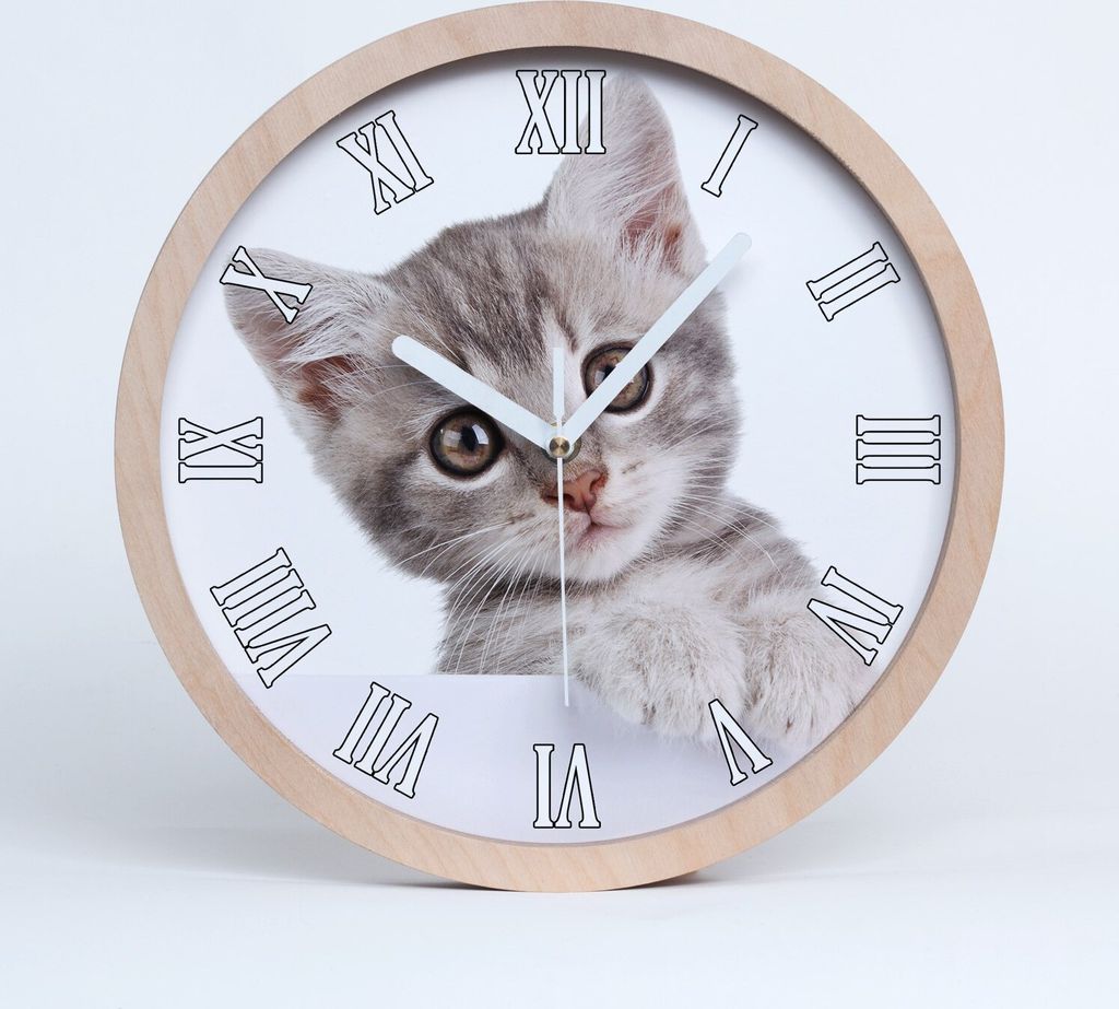 Holzuhr 30fi cm wanduhr - weiße Spitzen - graue Katze