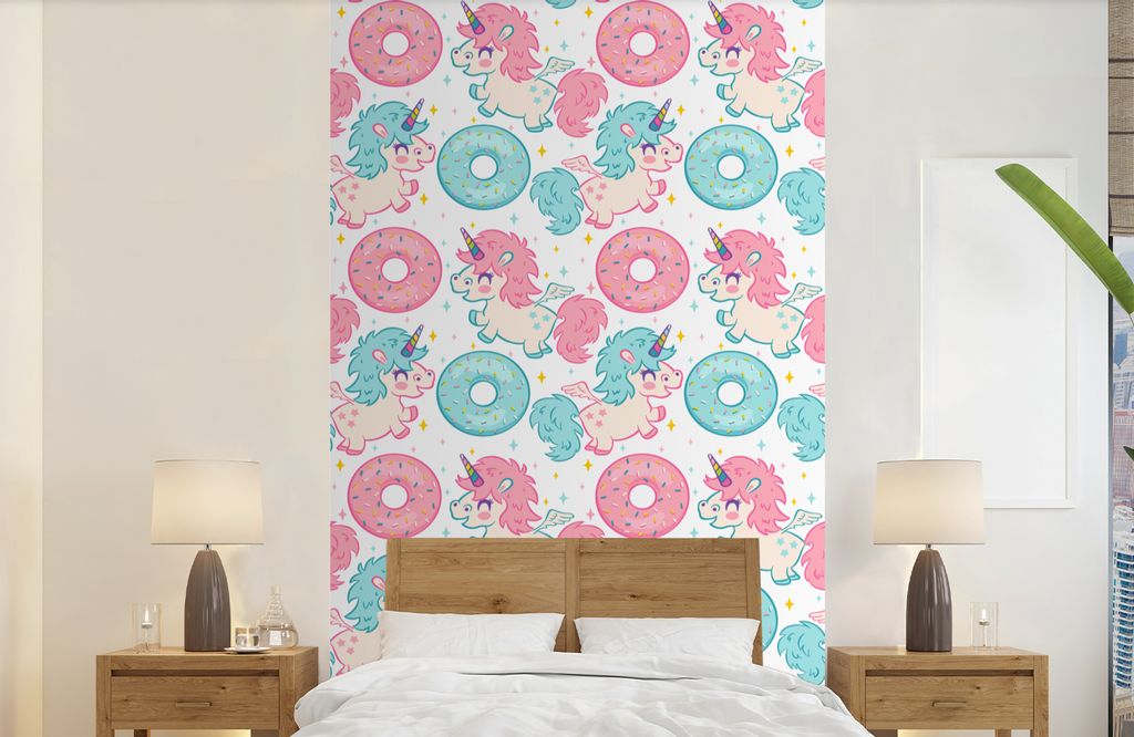 MuchoWow Fototapete für Wohnzimmer oder Schlafzimmer Wandtapete Vinyl Motivtapete Einhorn - Donut - Baby - 150x240 cm - Tapeten