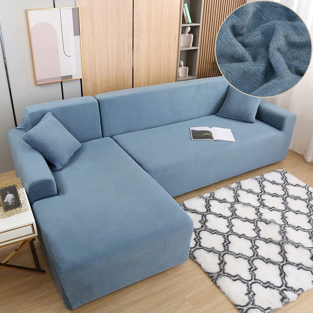 L-förmige Sofa-Schonbezüge, Stretch dicker Plüsch-Ecksofabezug mit 2 Kissenbezügen für 3-Sitzer + 3-Sitzer-L-Typ-Sofa-Couch Sofabezug,Grau Blau