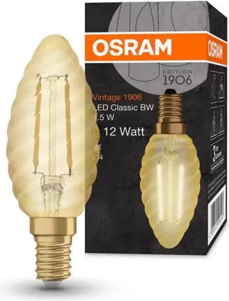 Osram LED Filament Kerze gedreht Vintage 1906 1,5W = 12W E14 Gold 120lm extra warmwei 2400K