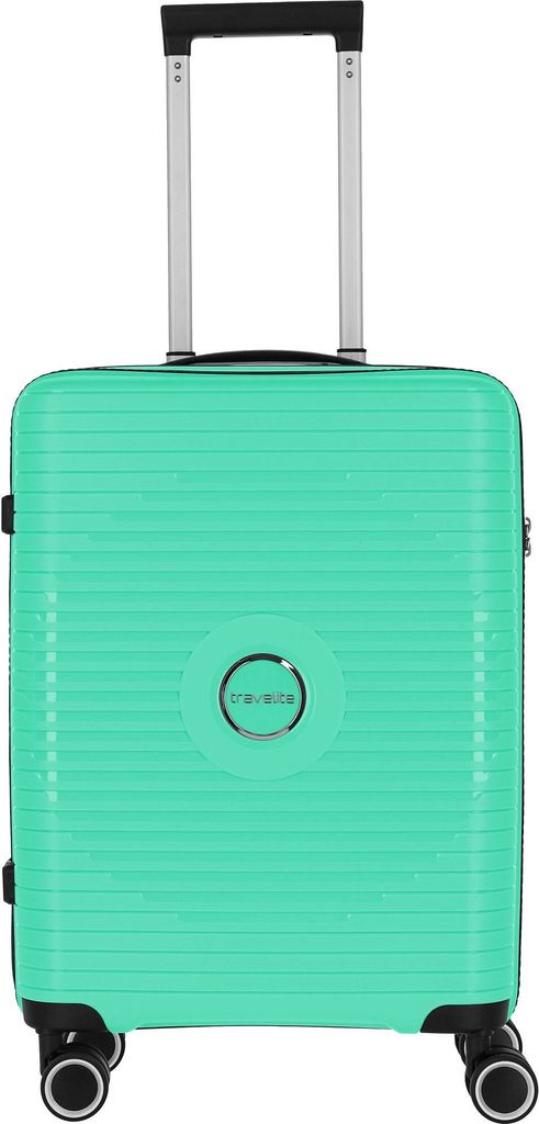 A studio shot of a green trolley suitcase.