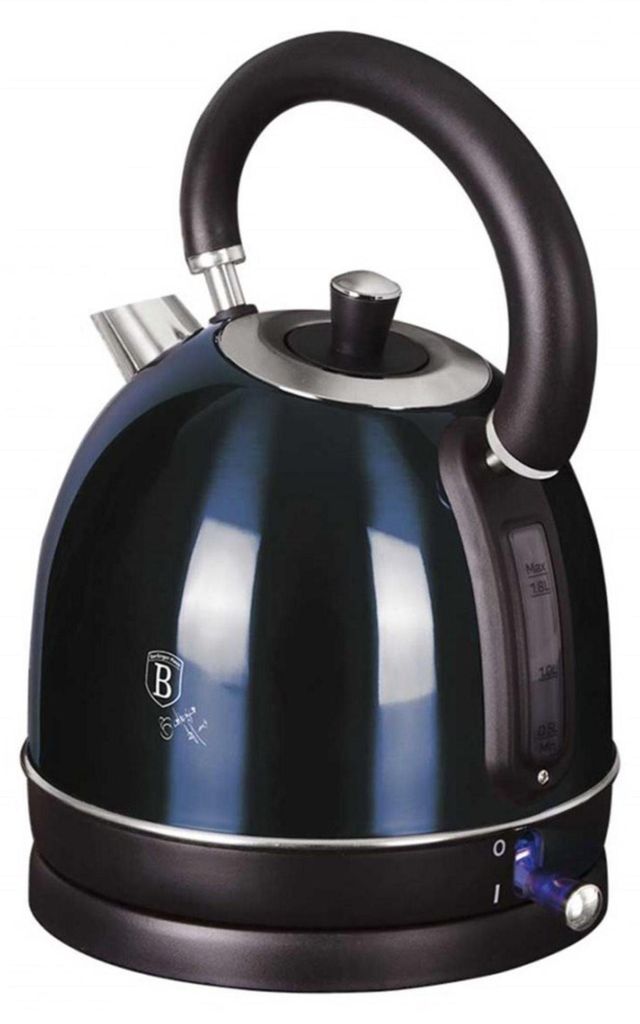 A black electric kettle with a blue accent on a white background.
