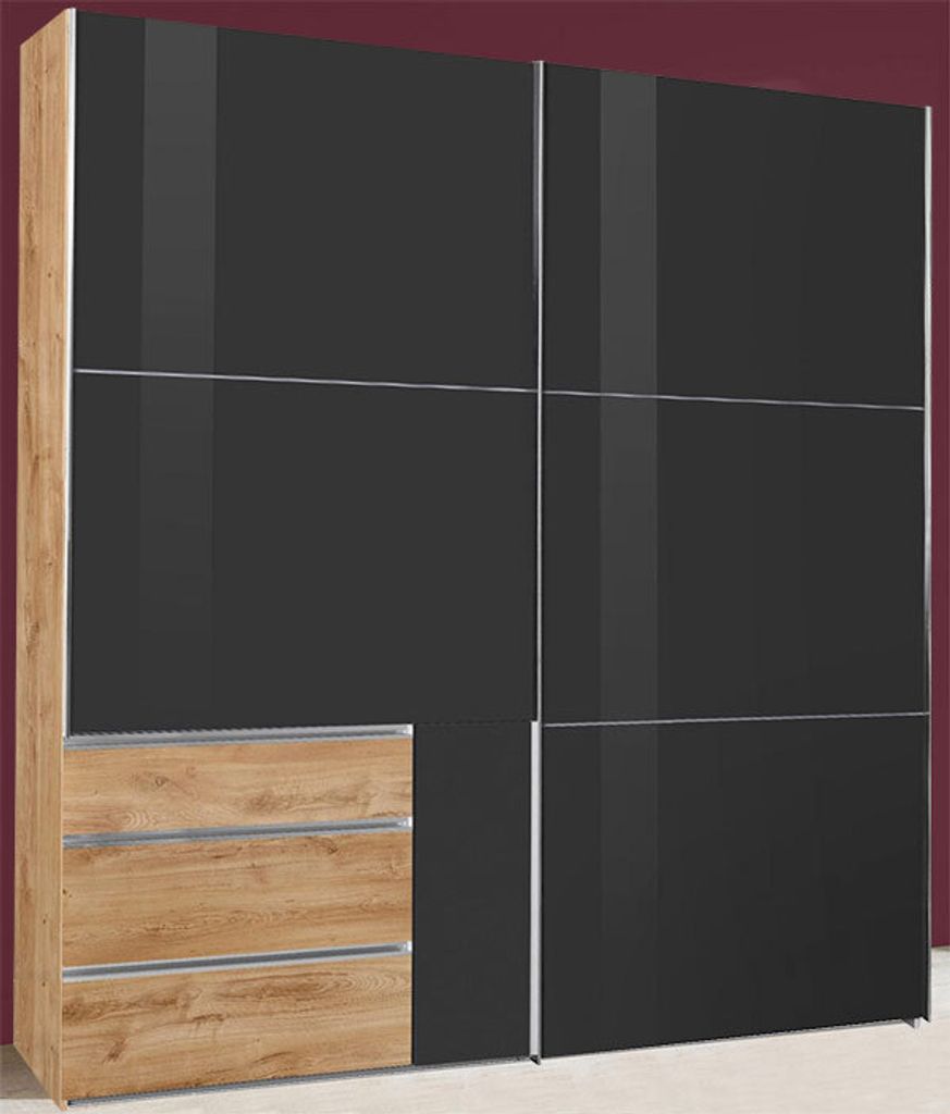 Schwebetürenschrank Kleiderschrank Level 2-türig 200cm plankeneiche glasgrau